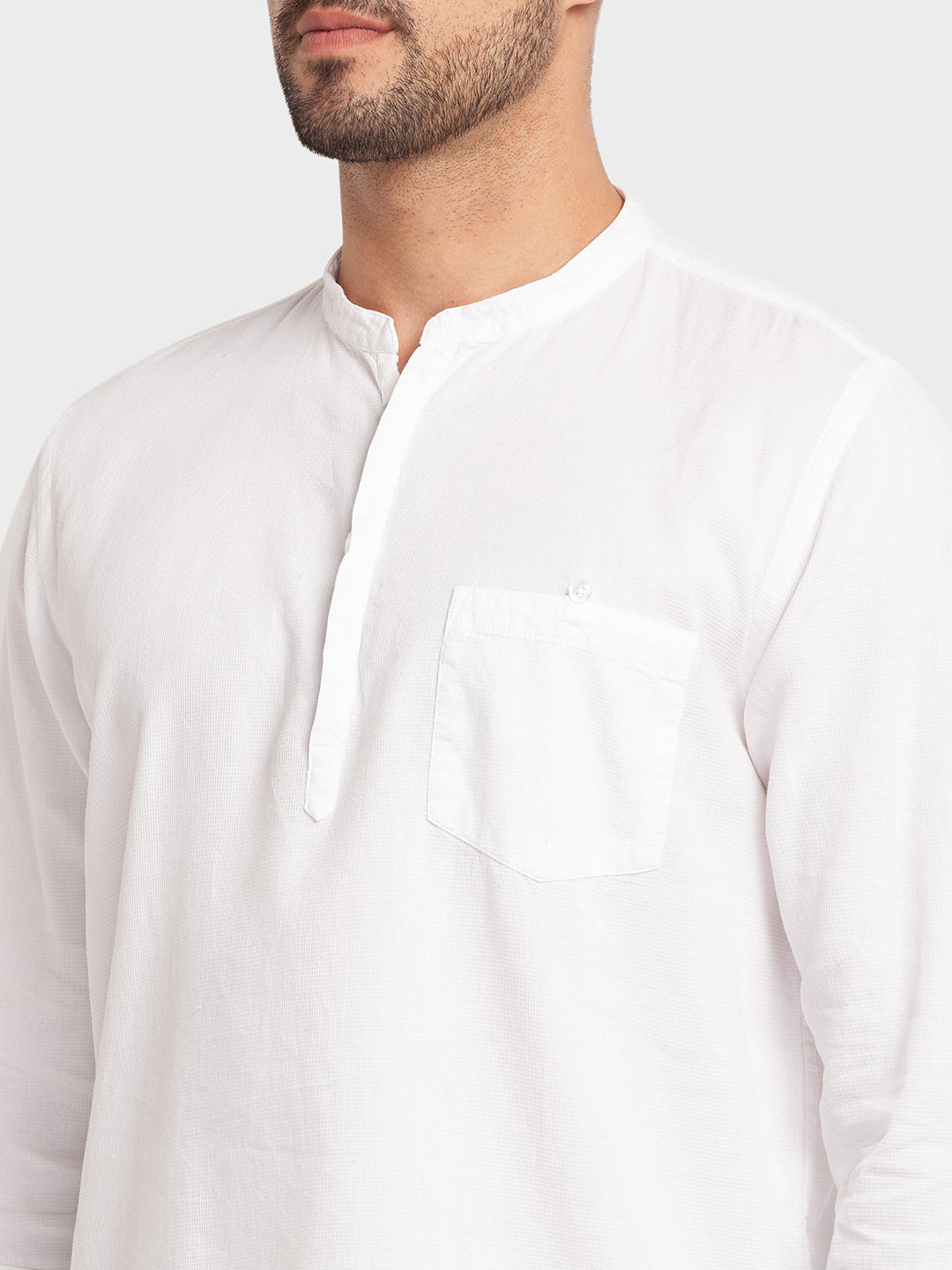 Spykar White Cotton Full Sleeve Plain Shirt Kurta For Men
