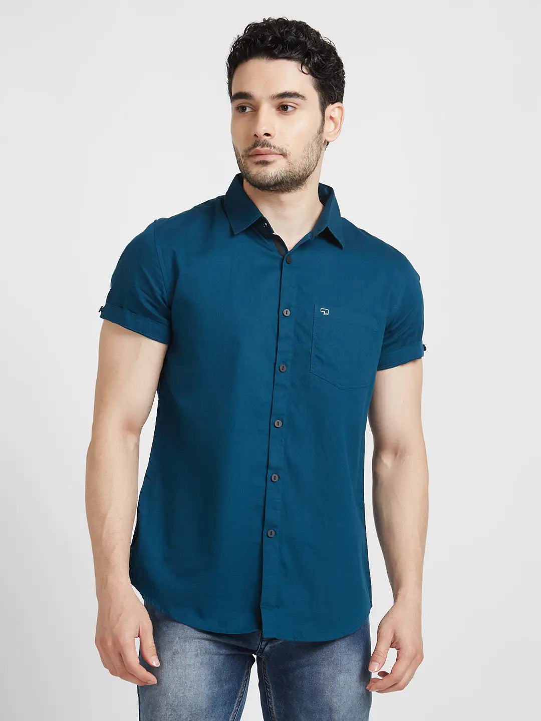 Spykar Men Teal Blue Dyed Regular Slim Fit Half Sleeve Plain Shirt