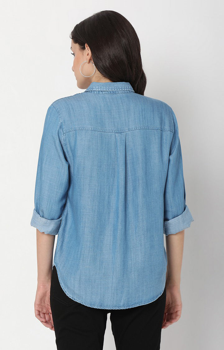 Spykar Ice Blue Cotton Full Sleeve Plain Shirt For Women