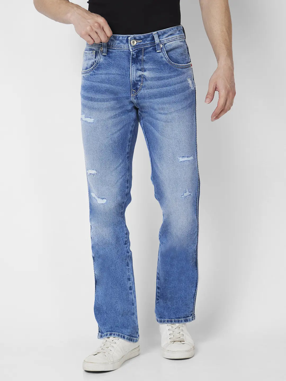 Spykar Men Mid Blue Cotton Comfort Fit Regular Length Mild Distressed Mid Rise Jeans (Rafter)