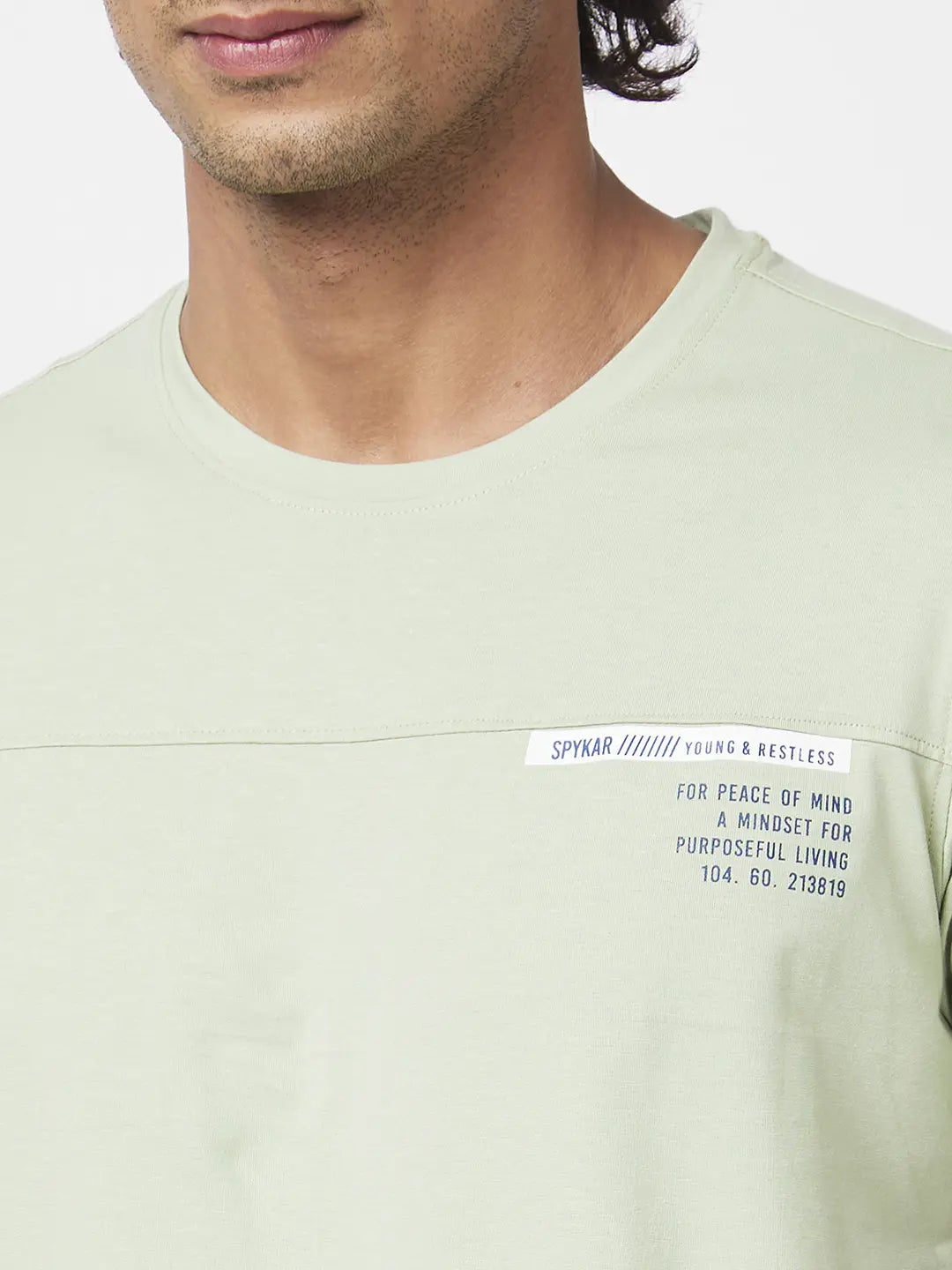Spykar Men Dustypistagreen Blended Slim Fit Half Sleeve Round Neck Printed Tshirt
