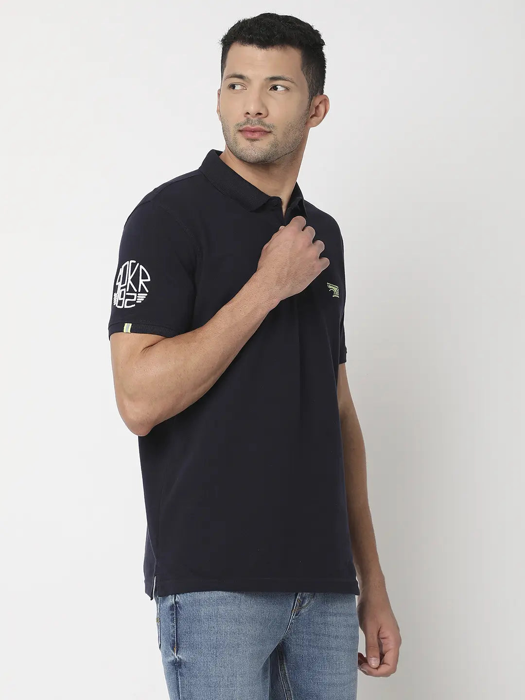 Spykar Men Navy Blue Cotton Regular Fit Plain Polo Tshirt