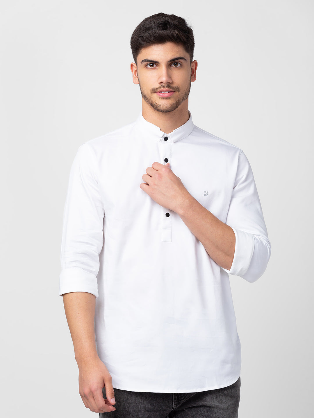 Spykar Men White Cotton Slim Fit M and arin Collar Plain Kurta