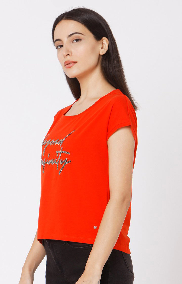 Spykar Women Orange Cotton Slim Fit Printed T-Shirt