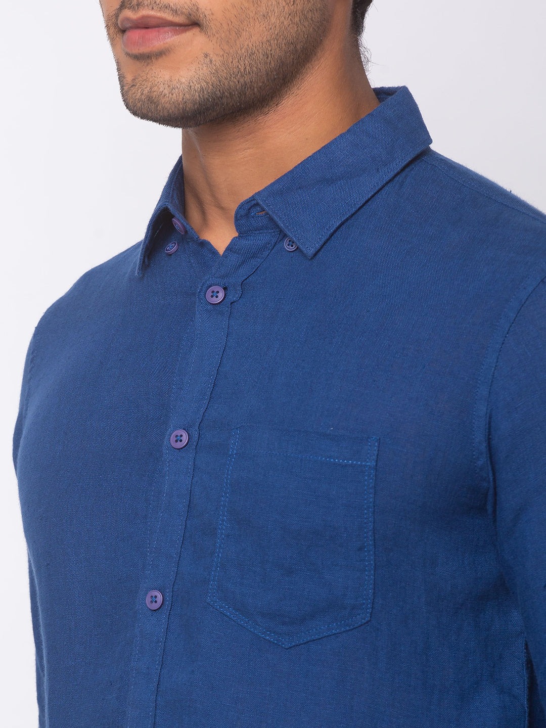 Spykar Men Navy Blue Linen Slim Fit Shirt