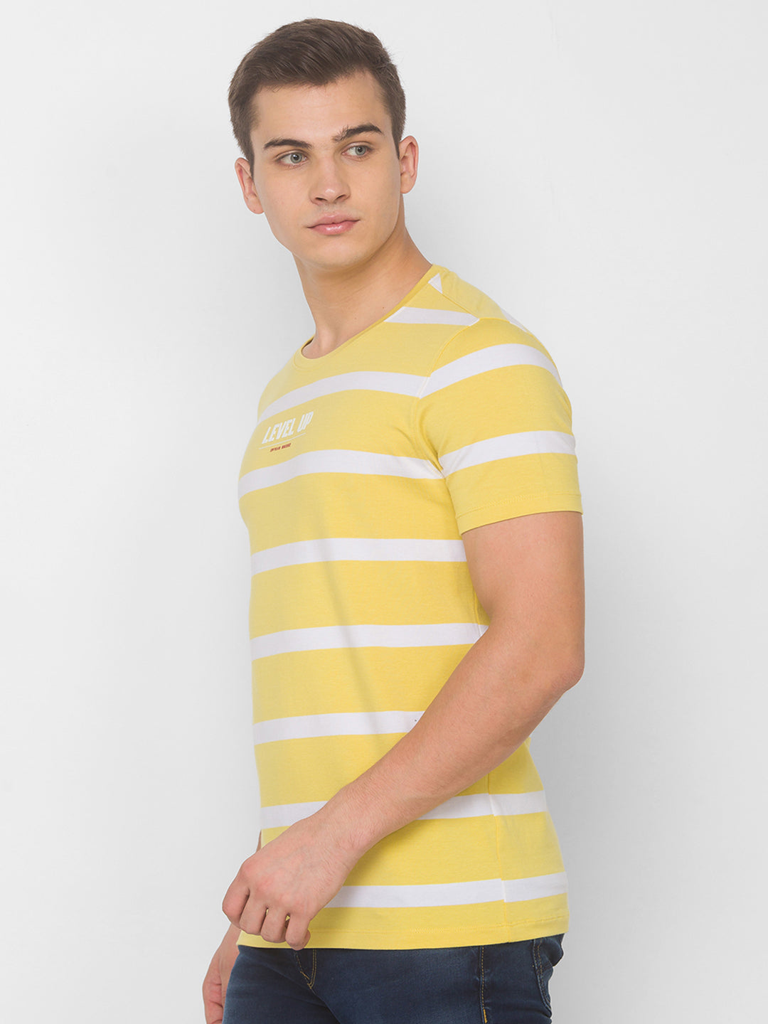 Spykar Men Yellow Cotton Blend Slim Fit Round Neck T-Shirt