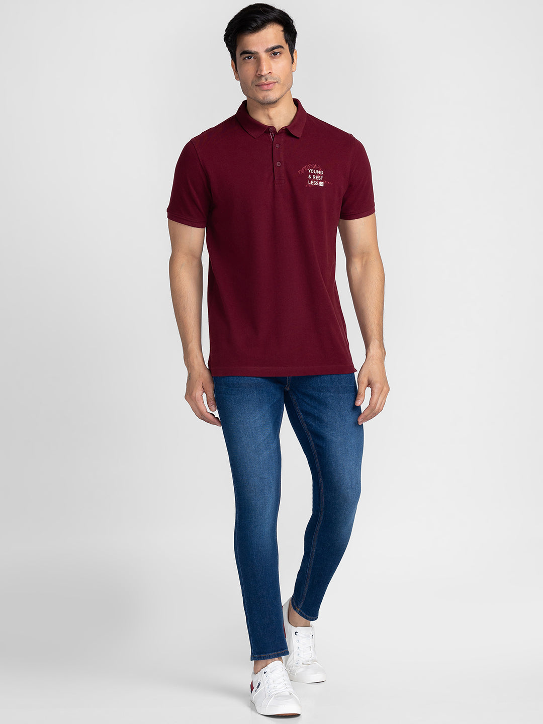 Spykar Men Wine Cotton Slim Fit Polo Plain T-Shirt