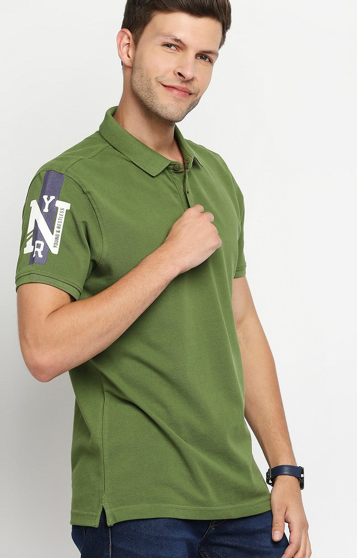 Spykar Men Green Cotton Slim Fit Round Neck Polo T-Shirt