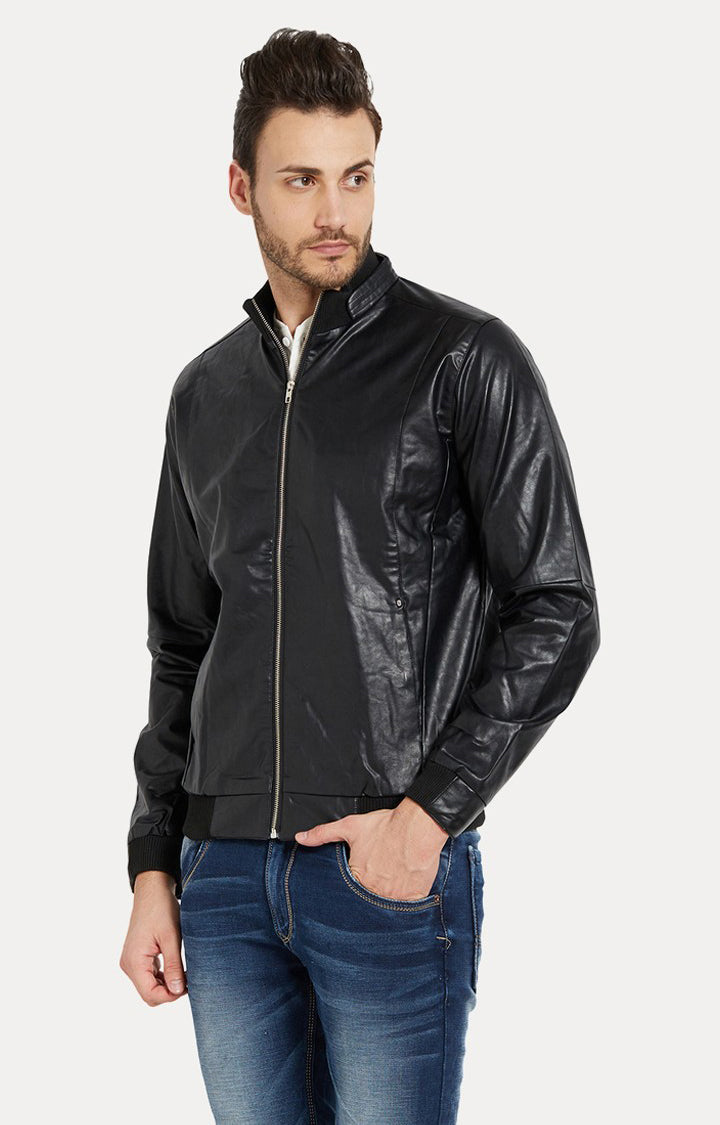 Spykar Men Black Solid Slim Fit Leather Jacket