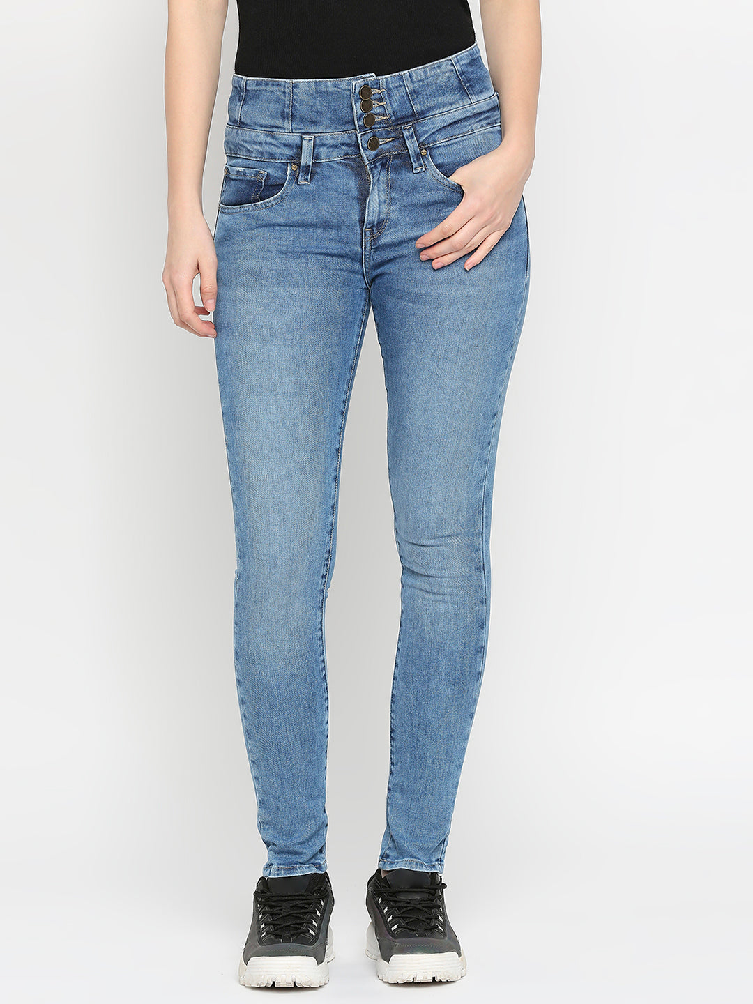 Spykar Mid Blue Cotton Super Skinny Regular Length Jeans For Women (Alicia)