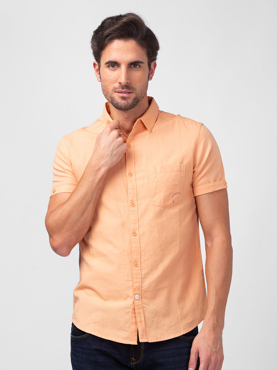 Spykar Men Peach Linen Slim Fit Plain Shirt