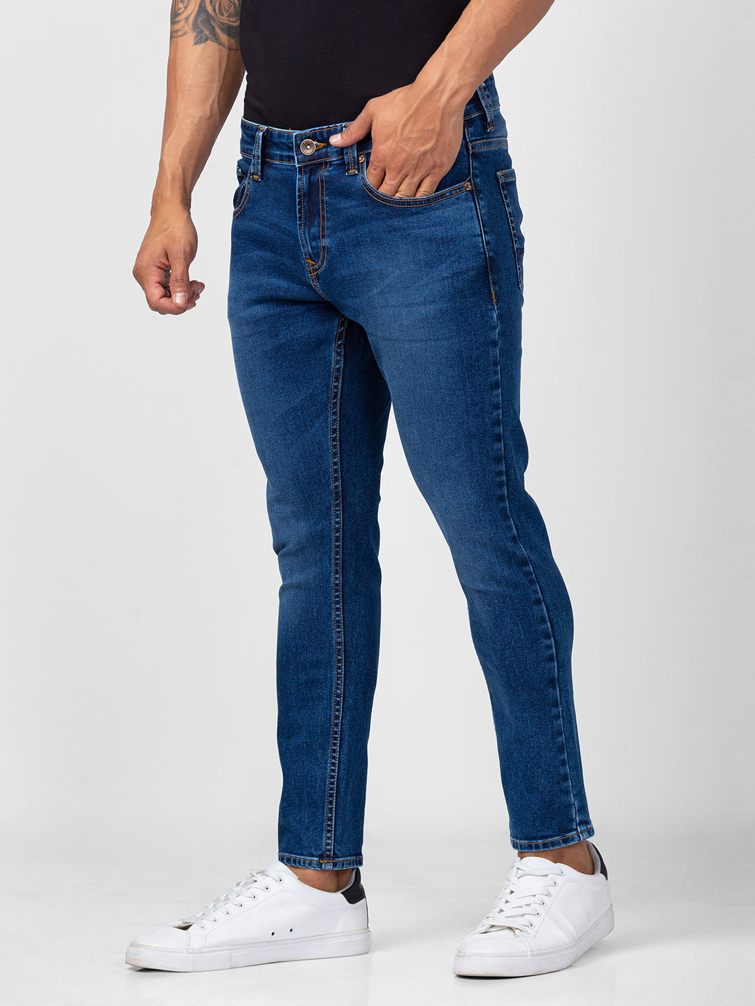 Spykar Men Mid Blue Cotton Slim Fit Tapered Length Jeans (Kano)