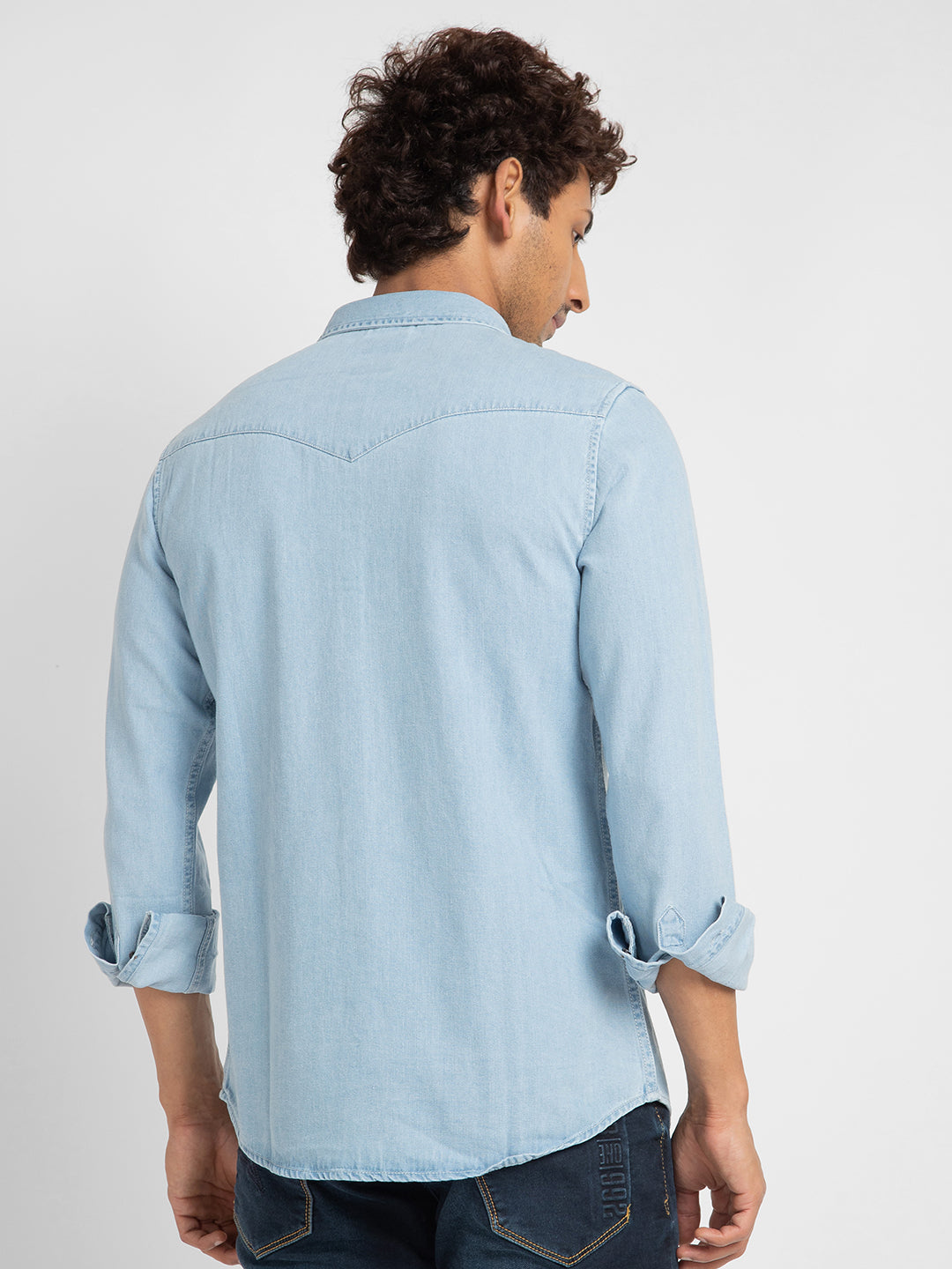 Spykar Men Light Blue Cotton Slim Fit Denim Shirt