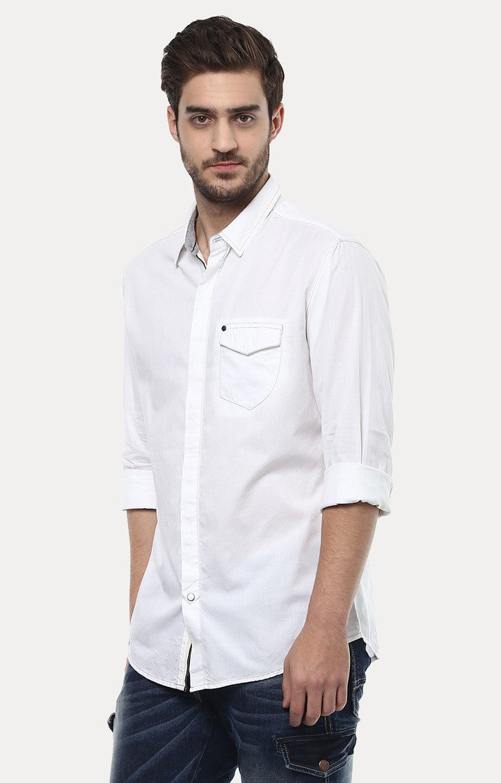 Spykar Men'S White Cotton Solid Casual Shirts