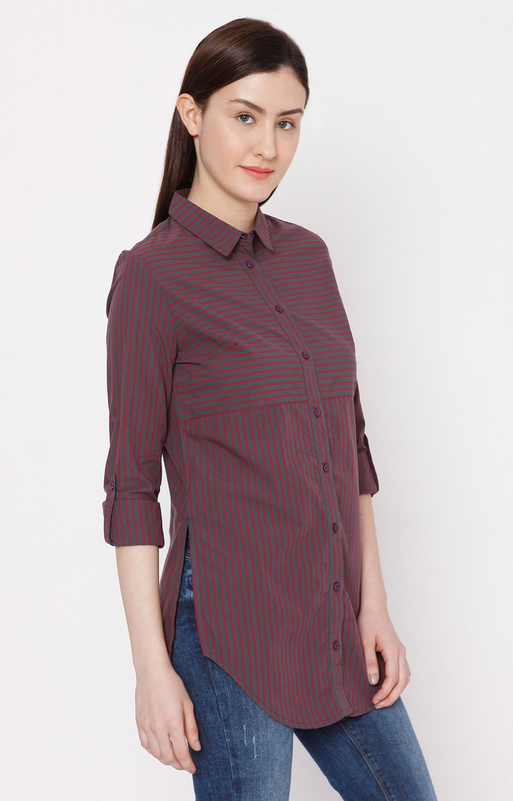 Spykar Women Mauve Cotton Regular Fit Striped Shirt