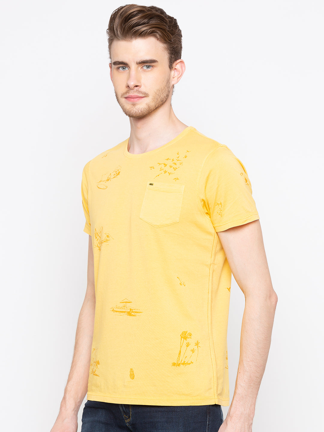 Spykar Yellow Cotton Slim Fit T-Shirt For Men