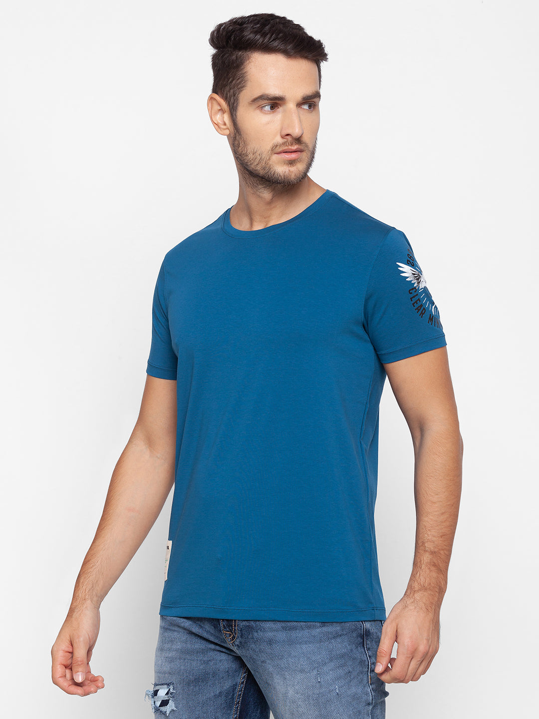 Spykar Men Blue Cotton Slim Fit Round Neck T-Shirt