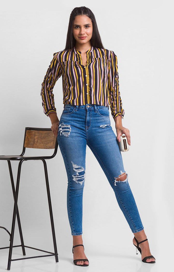 Spykar Mustard Multi Stripe Cotton Full Sleeve Striped Shirts For Women