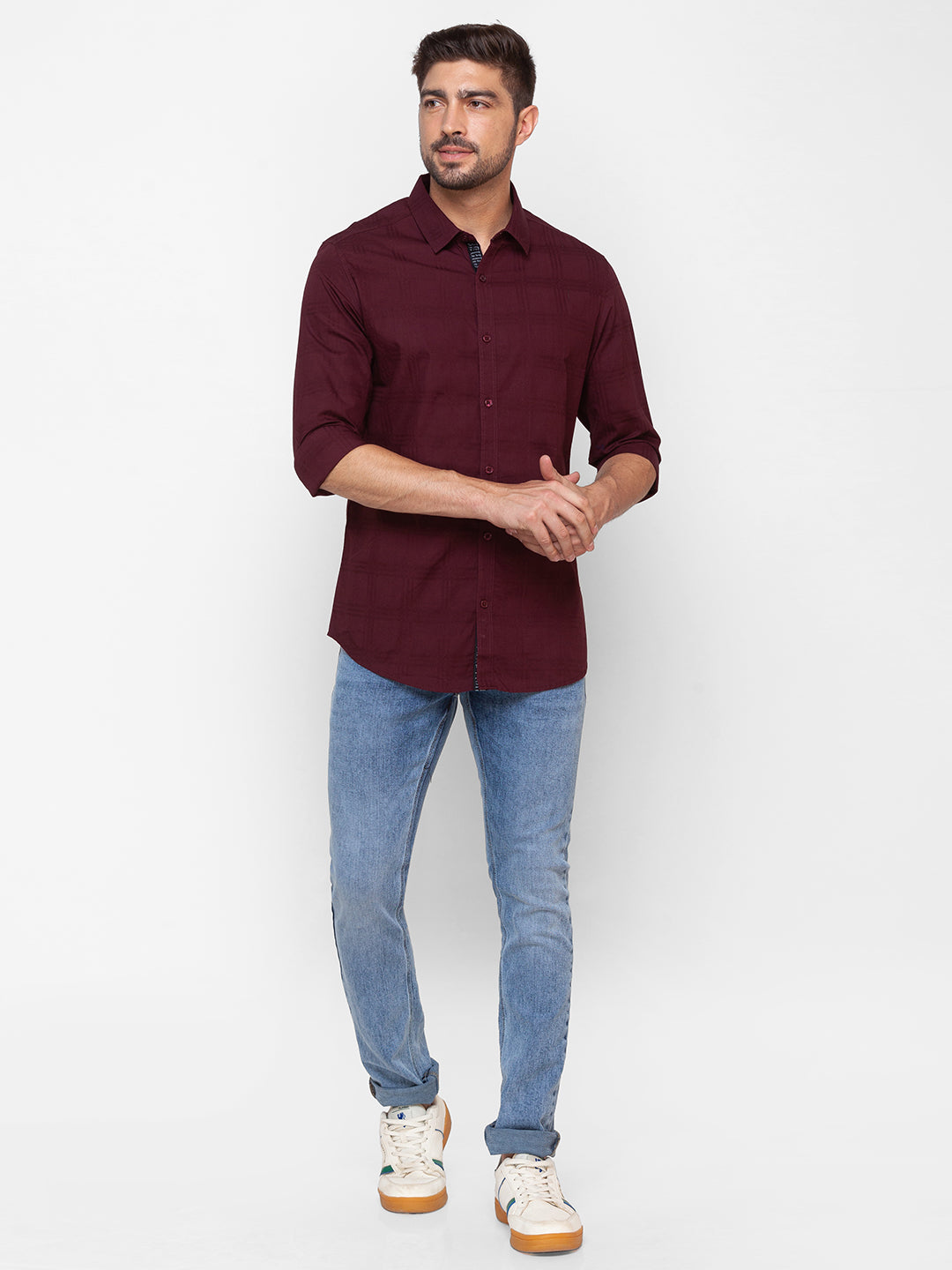 Spykar Wine Red Cotton Full Sleeve Plain Shirt For Men