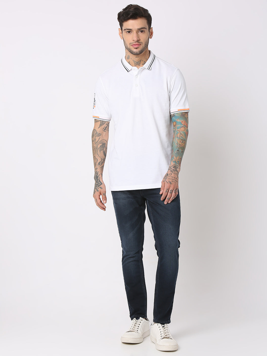 Spykar Men White Cotton Regular Fit Polo Plain T-Shirt