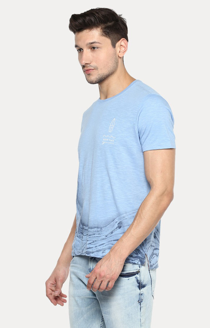 Spykar Blue Printed Slim Fit Men T-Shirts