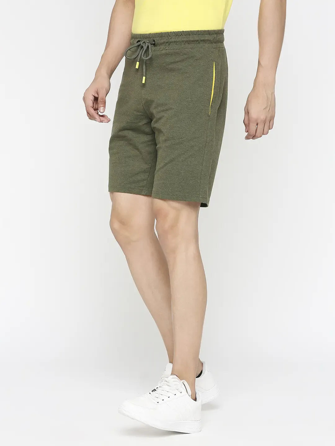 Spykar Men Olive Melange Cotton Regular Fit Knitted Shorts