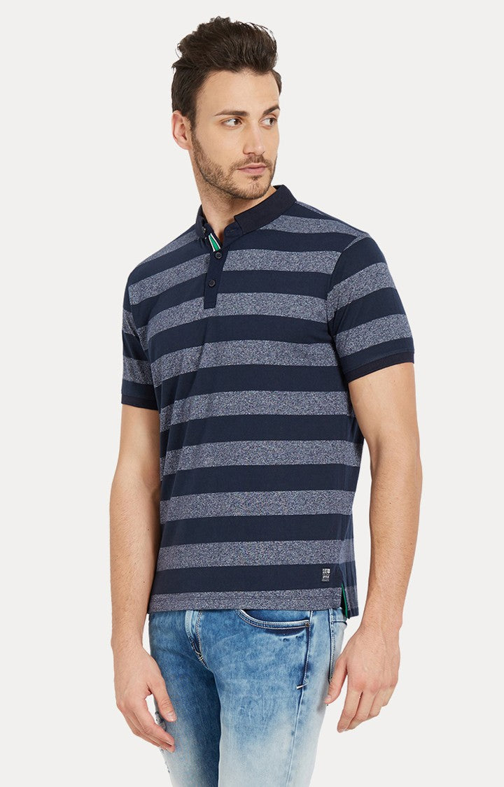 Spykar Navy Striped Slim Fit Polo T-Shirt