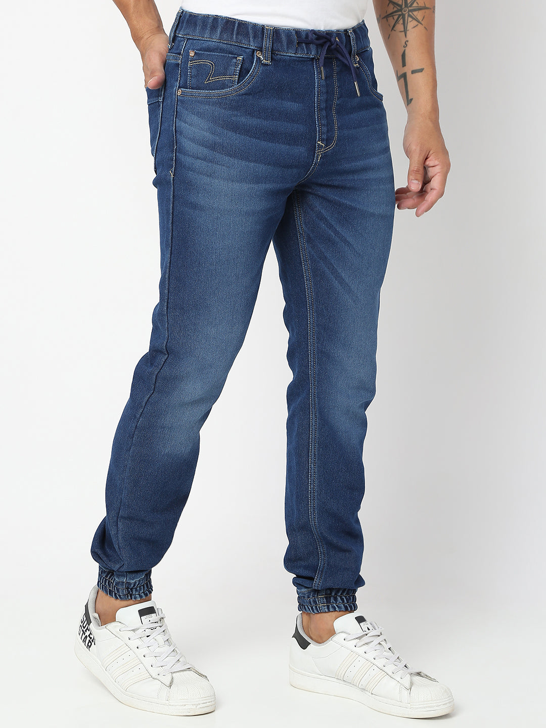 Spykar Men Mid Blue Cotton Regular Fit Tapered Length Jeans (Jogger)