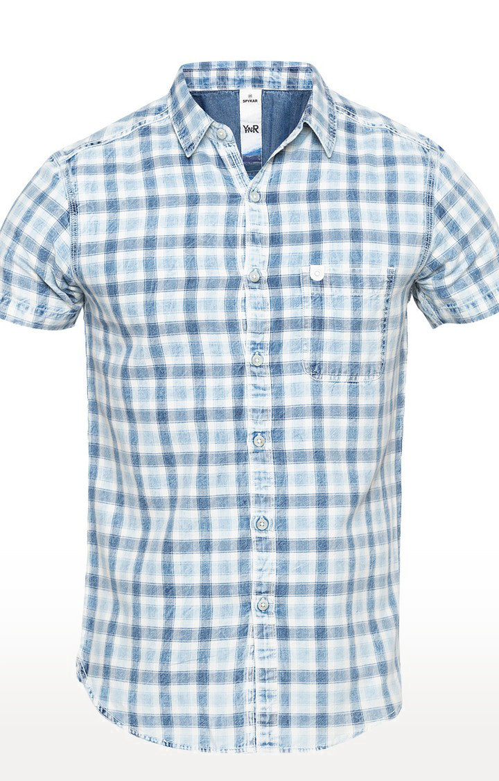 Spykar Men'S Blue Cotton Checked Casual Shirts