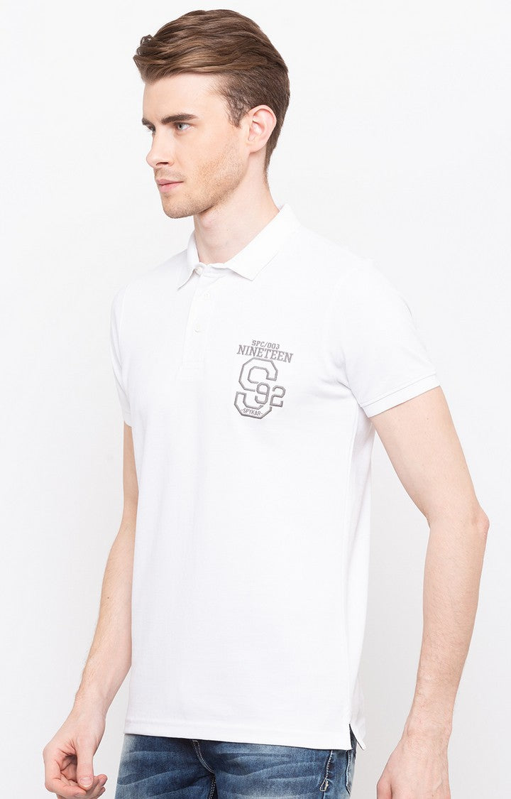 Spykar White Printed Slim Fit Polo T-Shirt