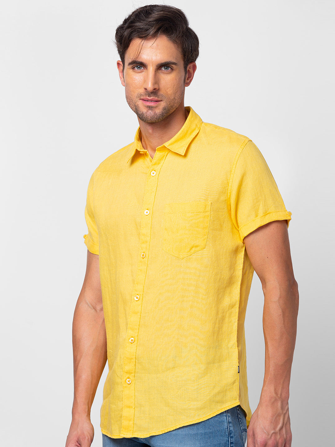 Spykar Men Chrome Yellow Cotton Slim Fit Plain Shirt