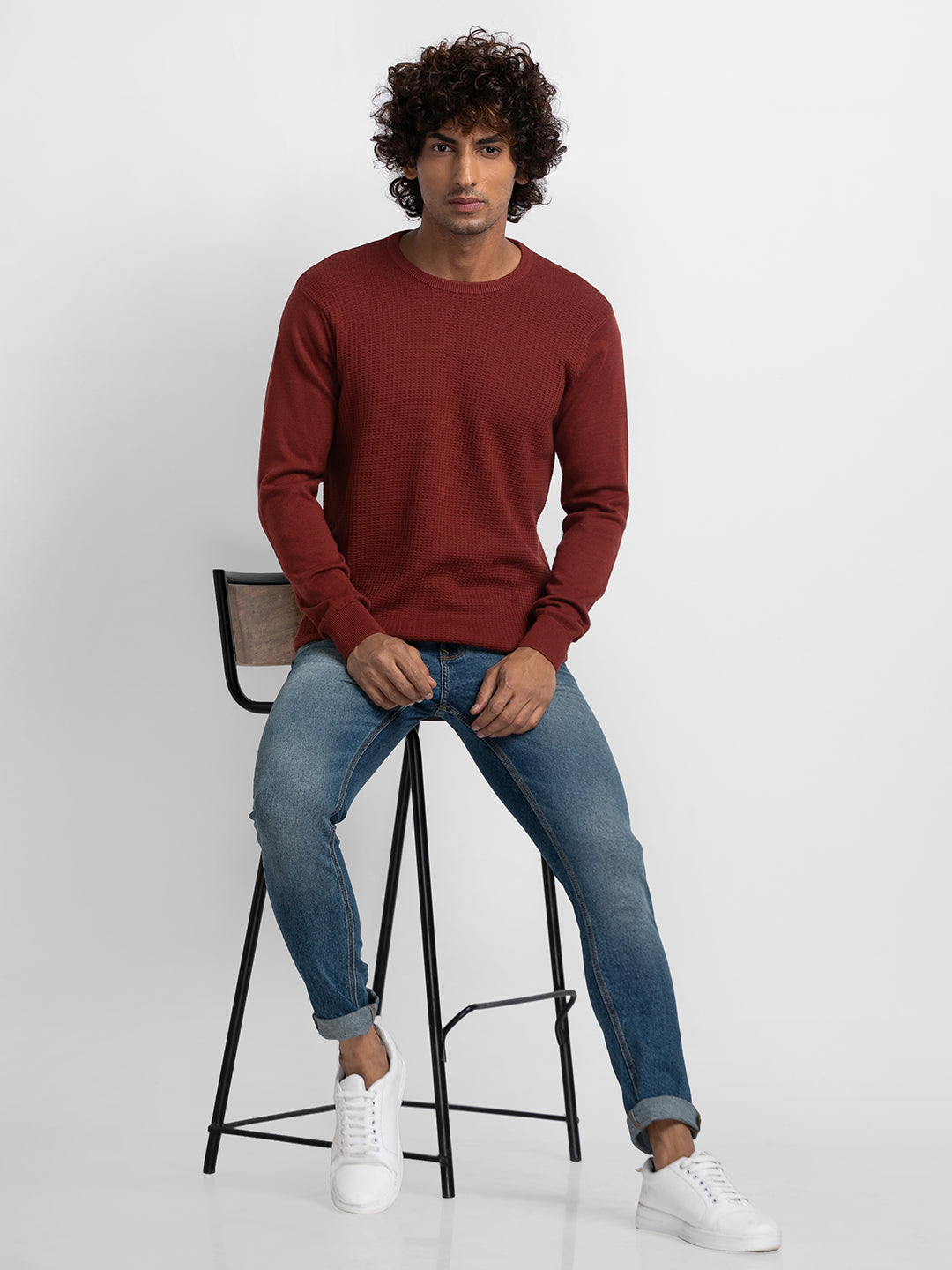 Spykar Brick Red Cotton Full Sleeve Casual Sweater For Men