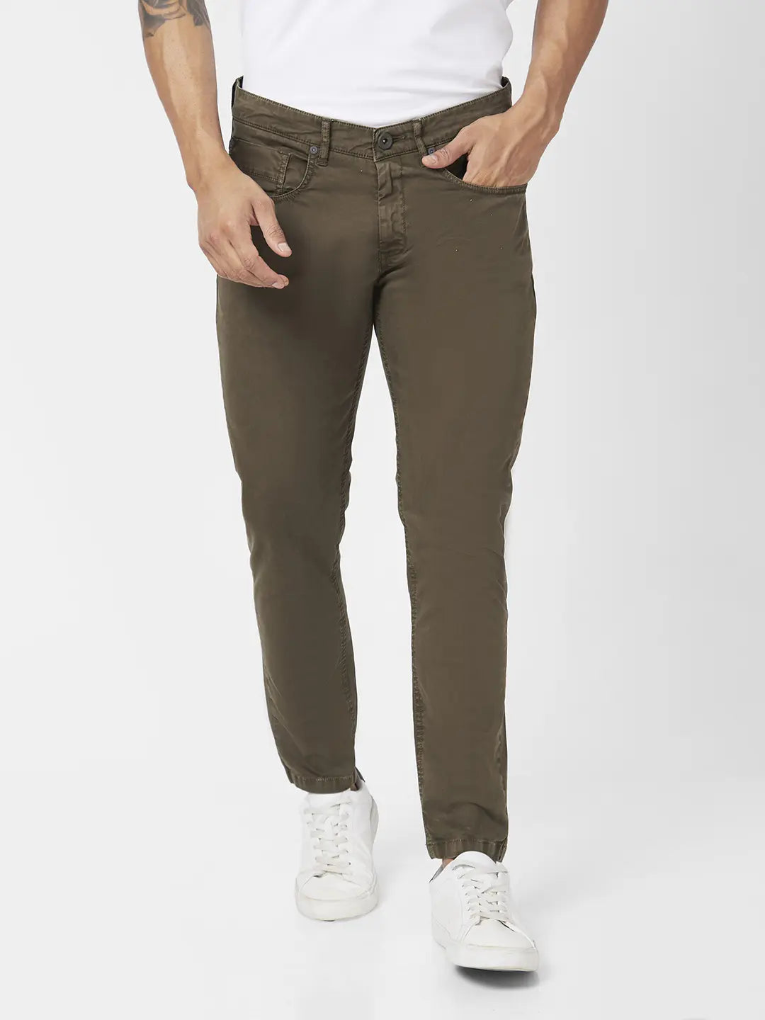 Spykar Men Olive Green Cotton Slim Fit Ankle Length Mid Rise Trousers
