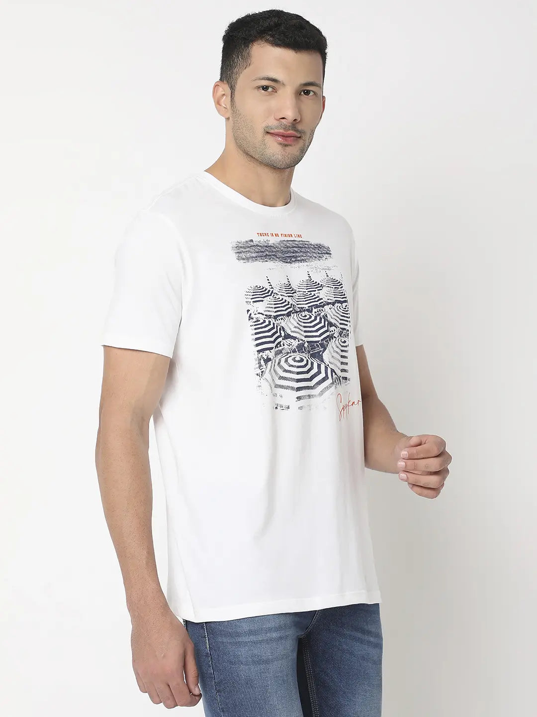 Spykar Men White Cotton Regular Fit Printed Round Neck Tshirt