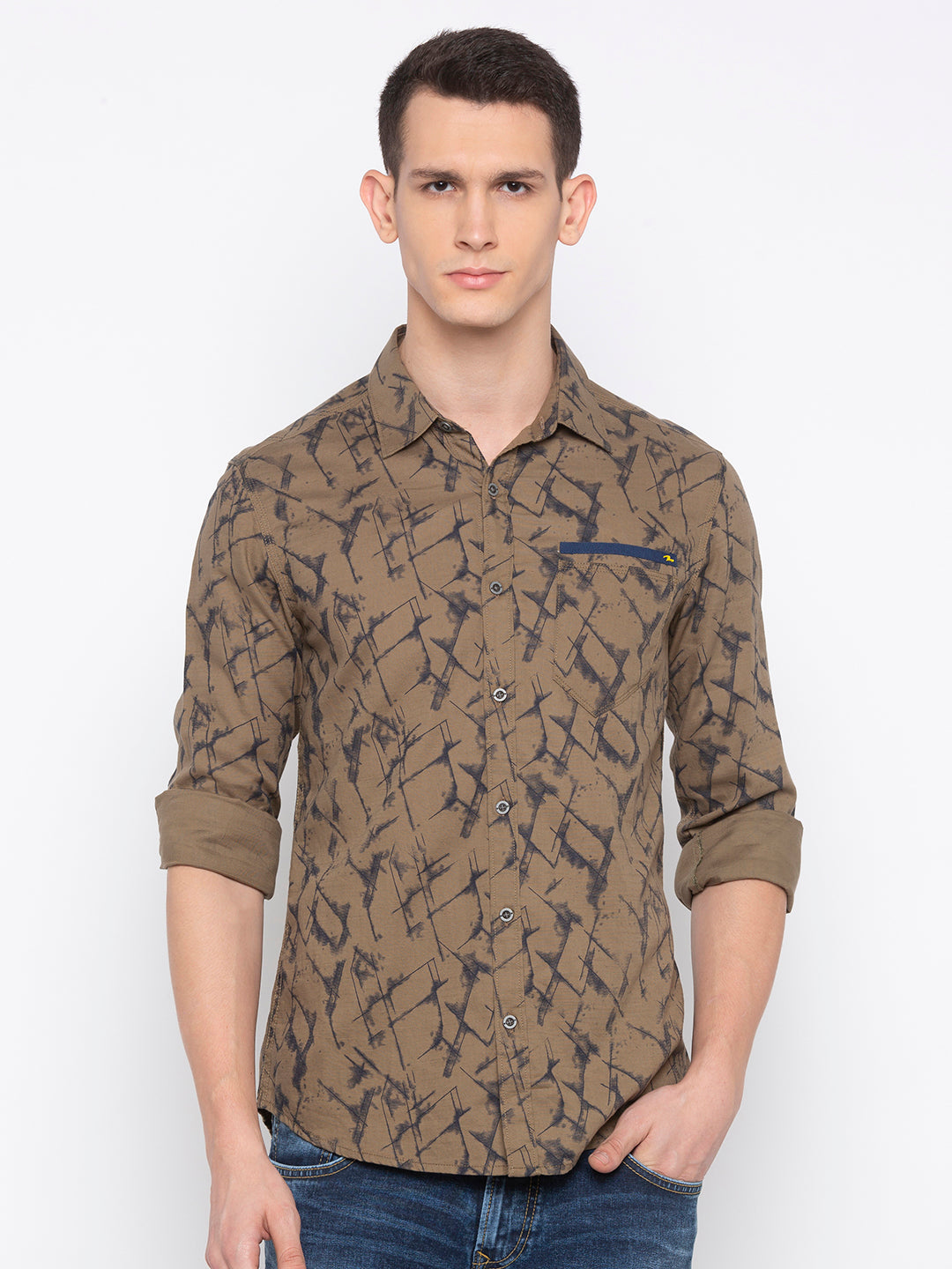 Spykar Men Olive Cotton Slim Fit Shirt