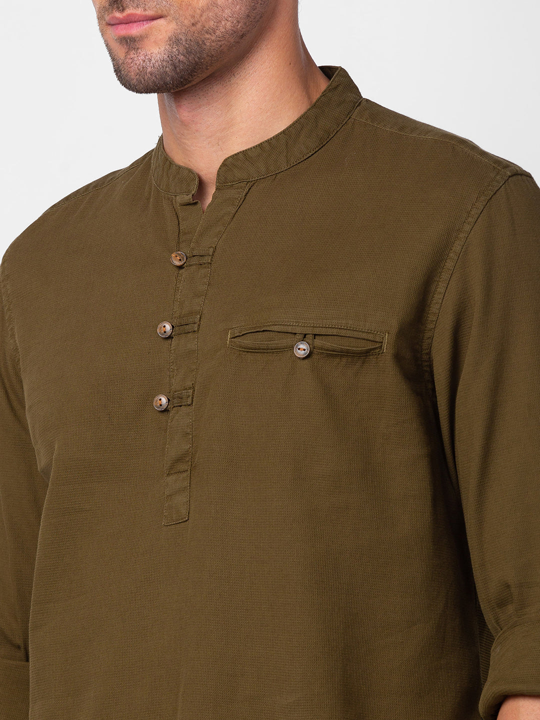 Spykar Men Military Green Cotton Slim Fit M and arin Collar Plain Kurta