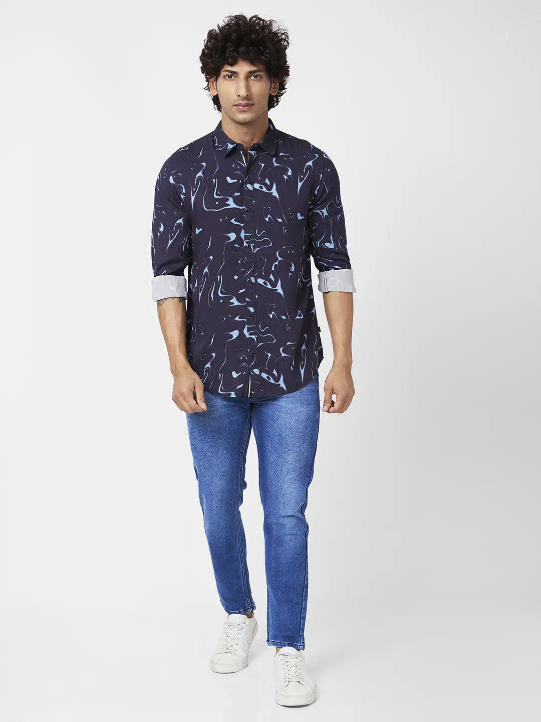 Spykar Men Navy Blue Viscose Regular Slim Fit Full Sleeve Causal Printed Shirt