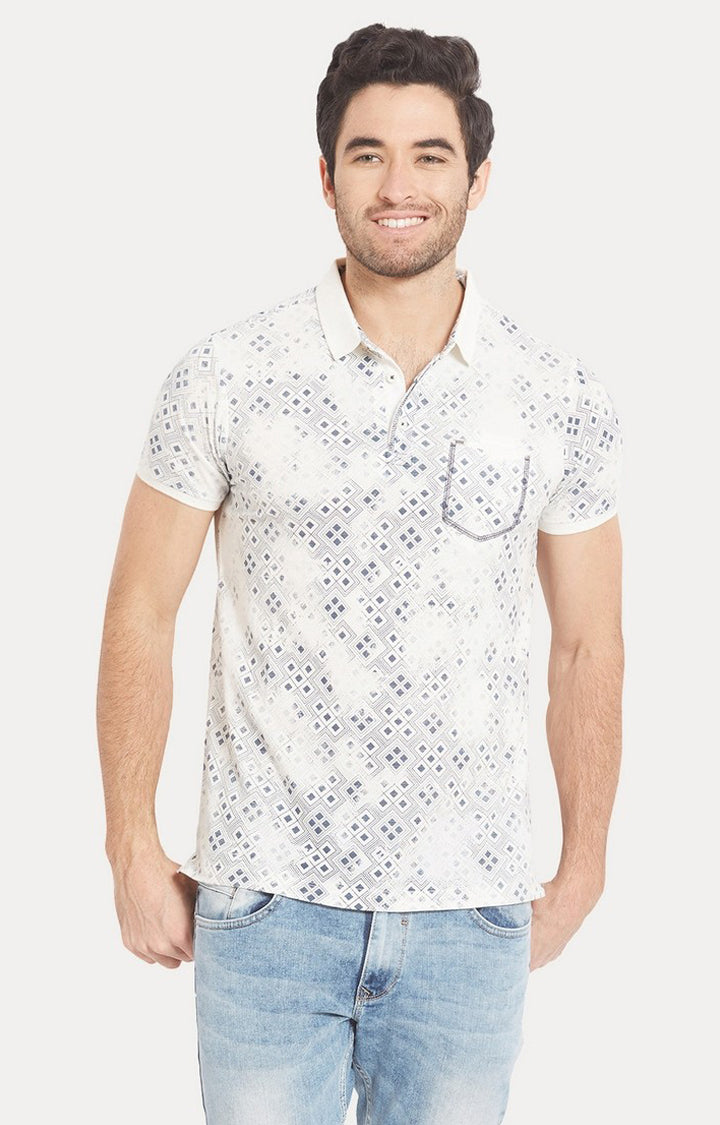 Spykar White Printed Slim Fit Polo T-Shirt