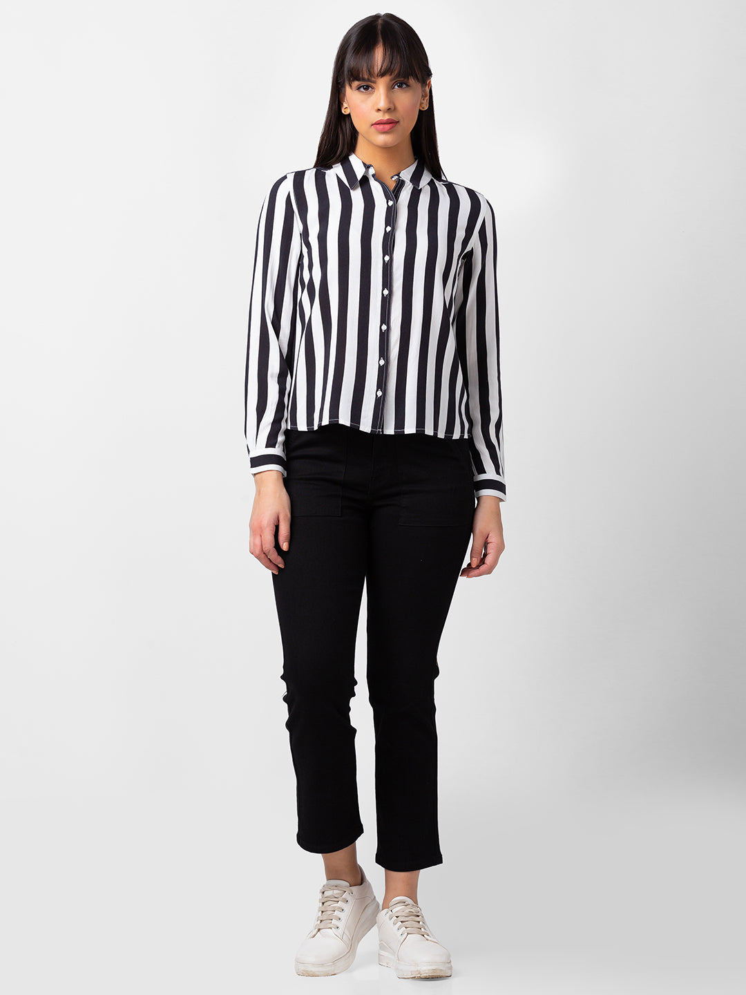 Spykar Women Black Reyon Regular Fit Striped Shirts