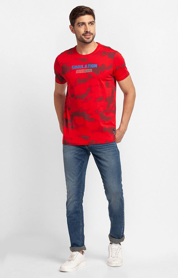 Spykar True Red Cotton Half Sleeve Printed Casual T-Shirt For Men