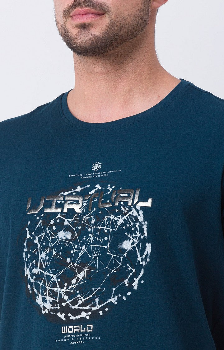 Spykar Teal Blue Cotton Half Sleeve Printed Casual T-Shirt For Men