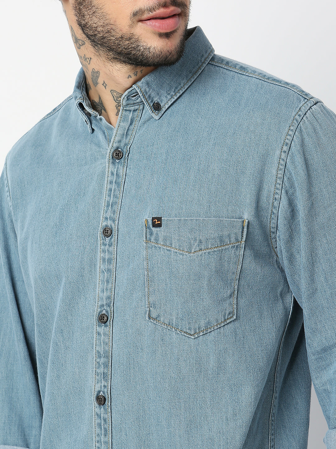 Spykar Men Light Blue Cotton Slim Fit Denim Shirts