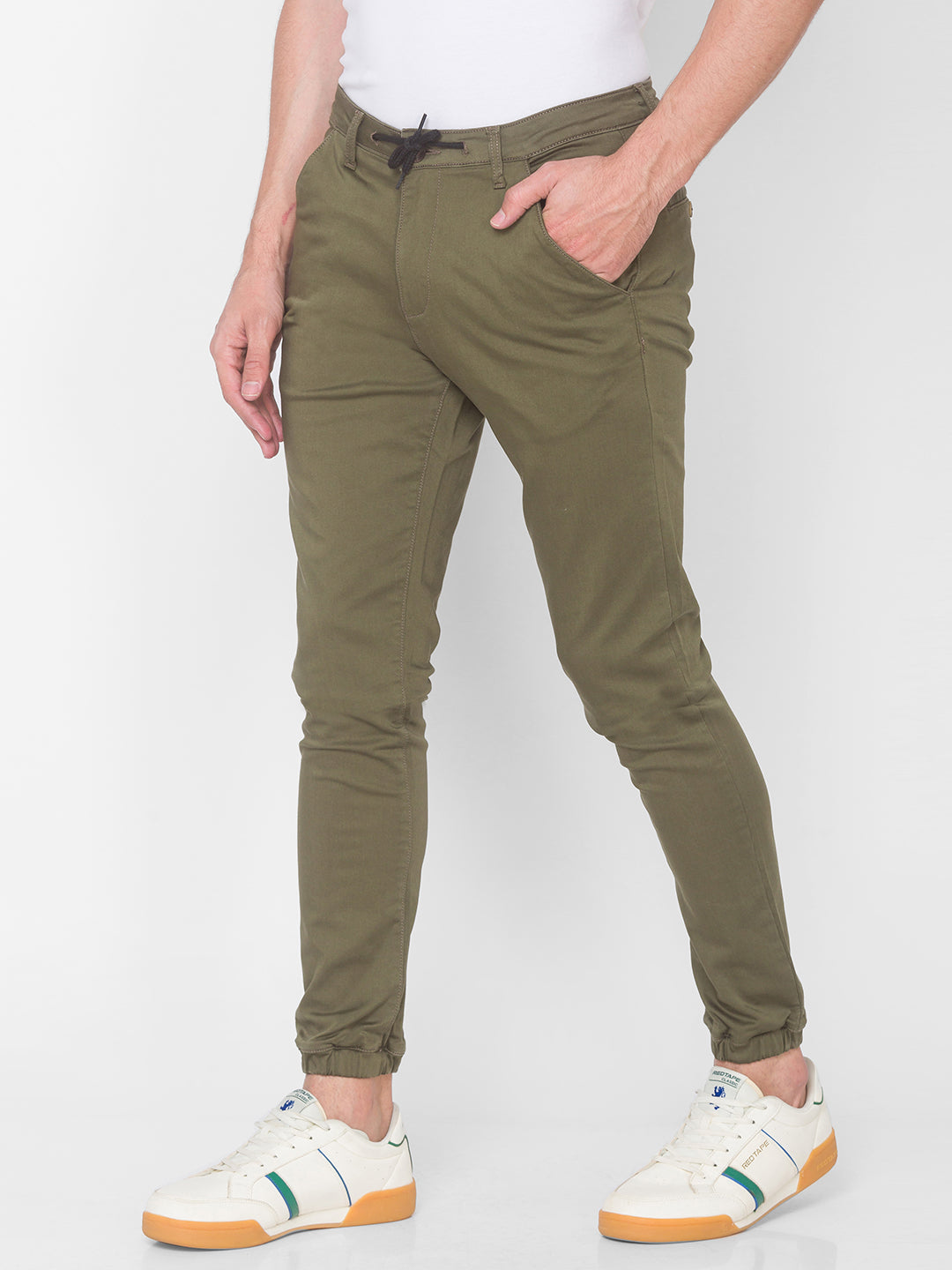 Spykar Men Green Cotton Slim Fit Casual Trousers