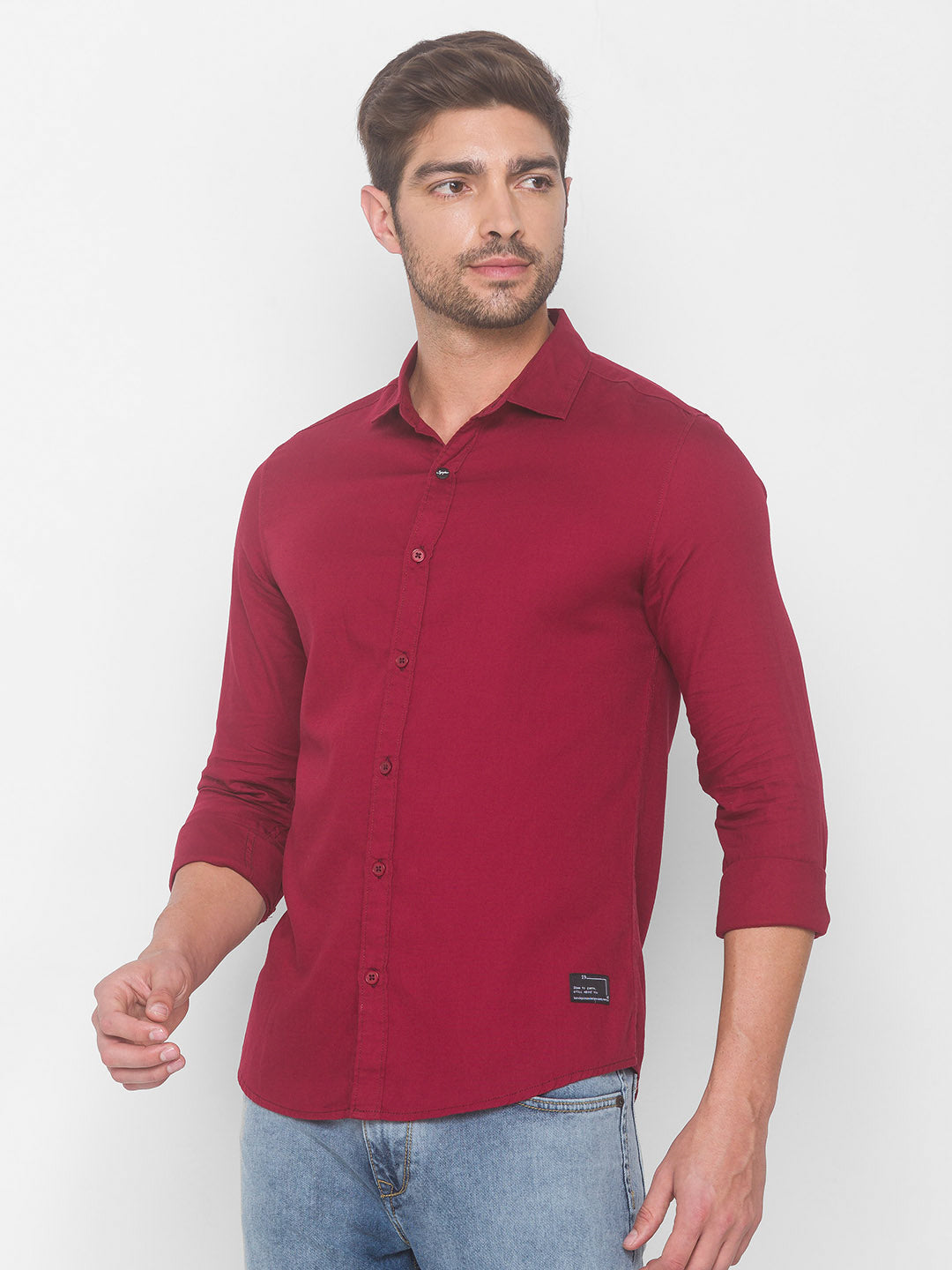 Shop Spykar Men Deep Red Cotton Slim Fit Shirt Online