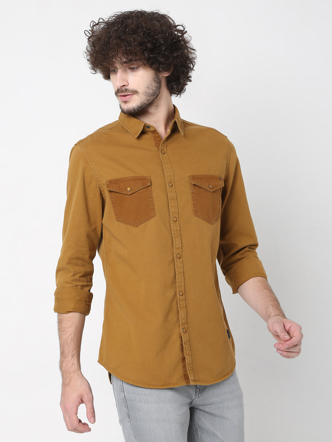 Spykar Men Beige Cotton Slim Fit Shirts