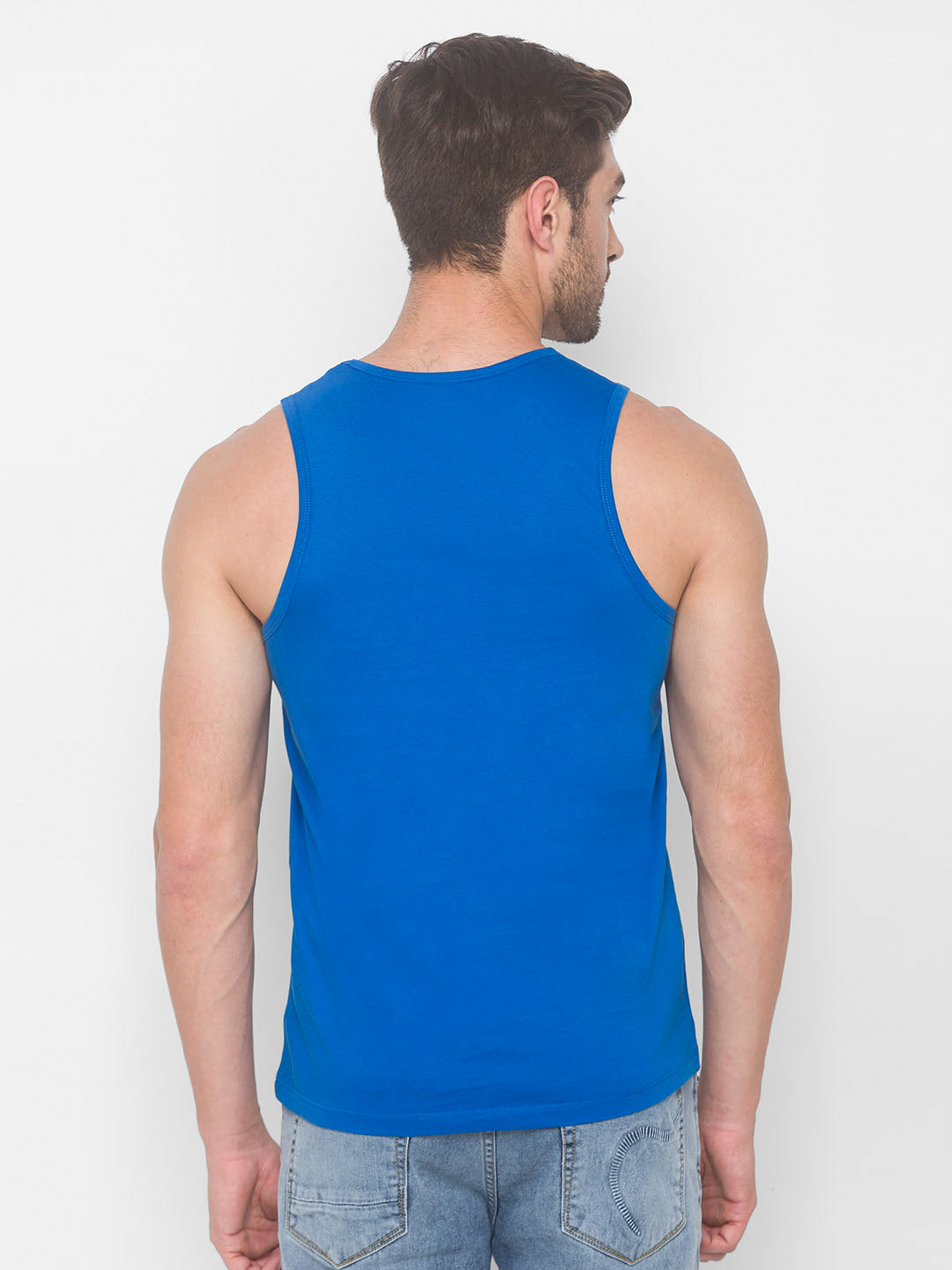 Spykar Men Blue Cotton Slim Fit Round Neck Sleeveless Vest