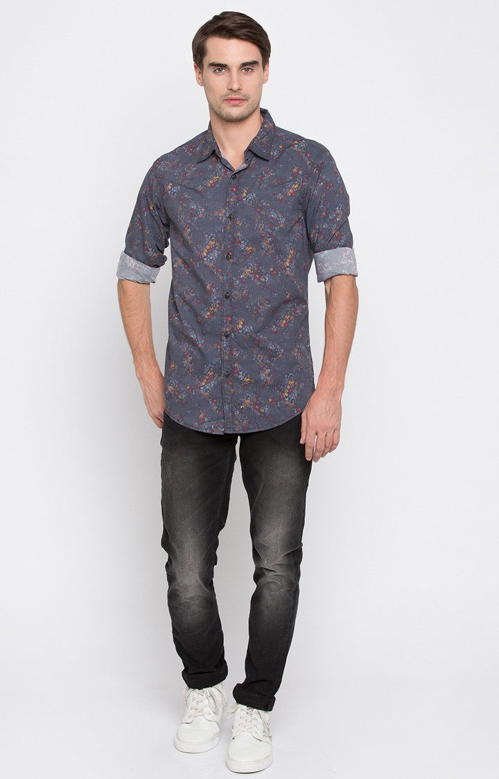 Spykar Men'S Grey Cotton Printed Casual Shirts