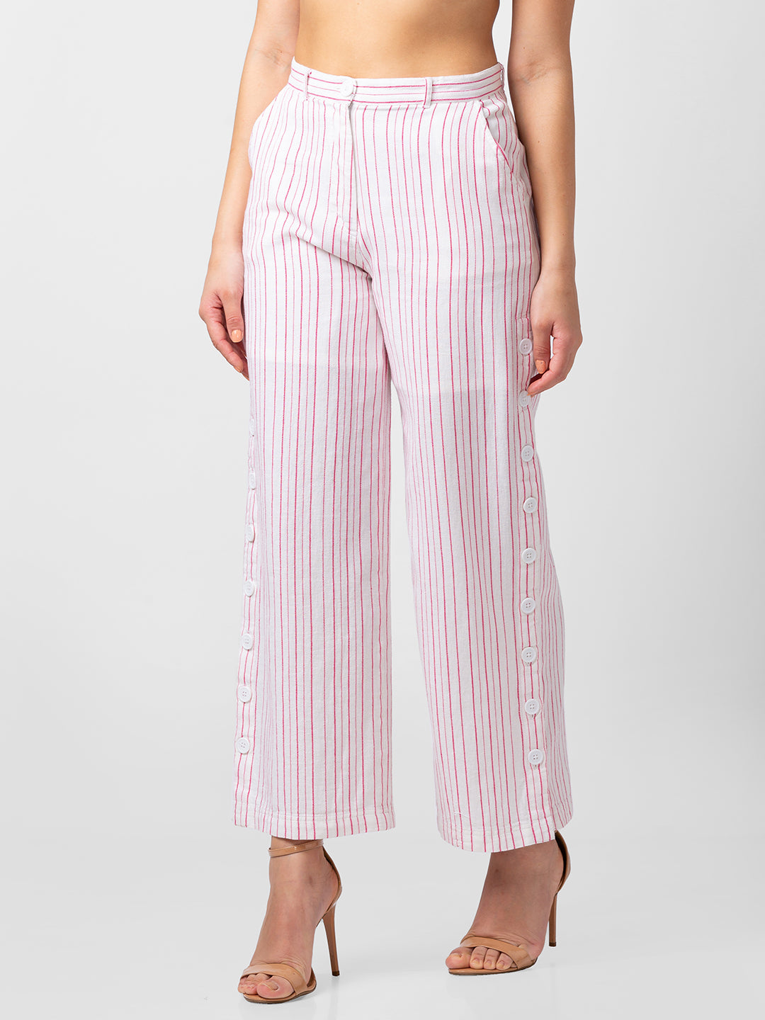 Spykar Women Pink Cotton blend Bootcut Fit Ankle Length Striped Pants