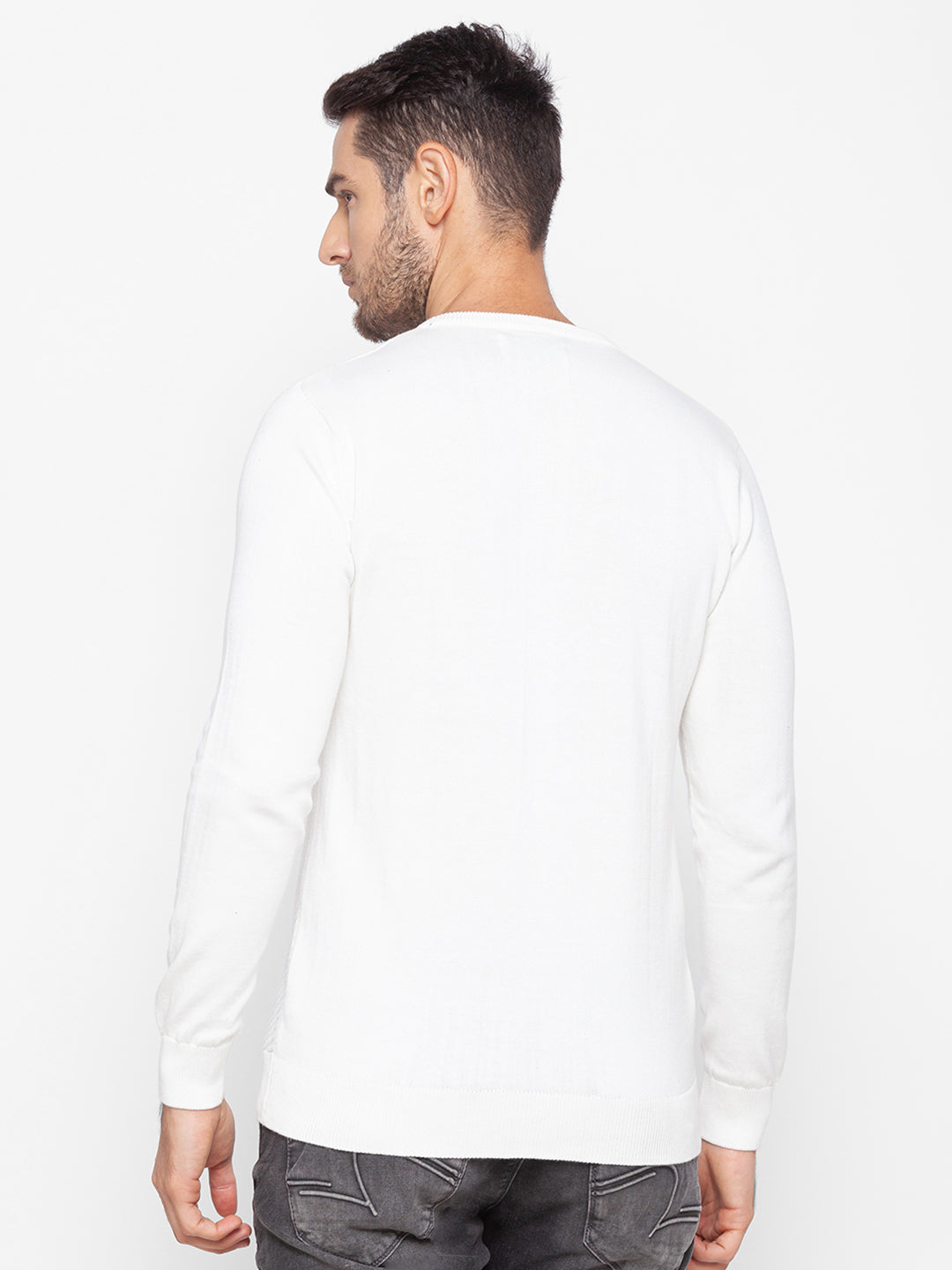 Spykar White Cotton Men Sweater