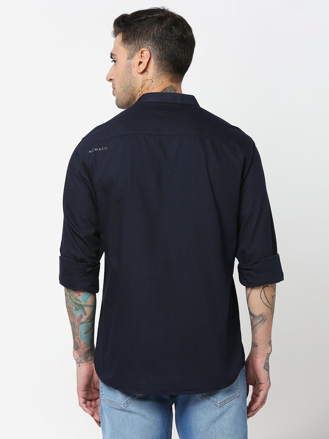 Spykar Men Navy Blue Cotton Slim Fit Plain Shirts